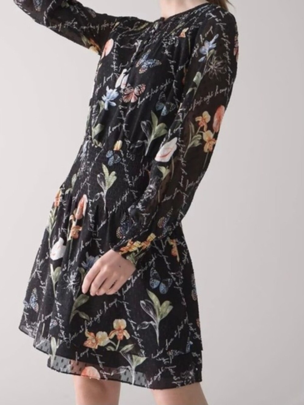 White House/ Black Market, Black butterfly print blouson dress, size Large